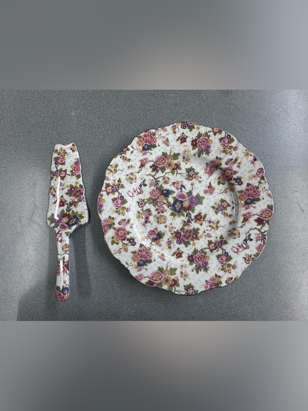Floral Scalloped Cake Plate and Server Set - Pink Multi